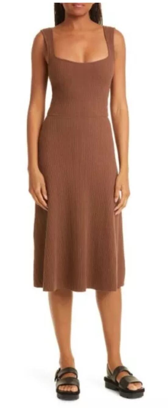 Vince Ribbed Knit Square Neck Midi Dress Chestnut Hazelnut Brown S